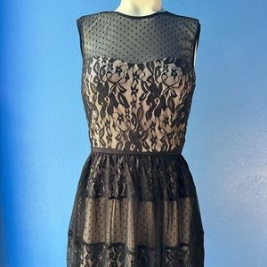 Maggy London lace and polka dot midi dress with sweetheart neckline, size 4